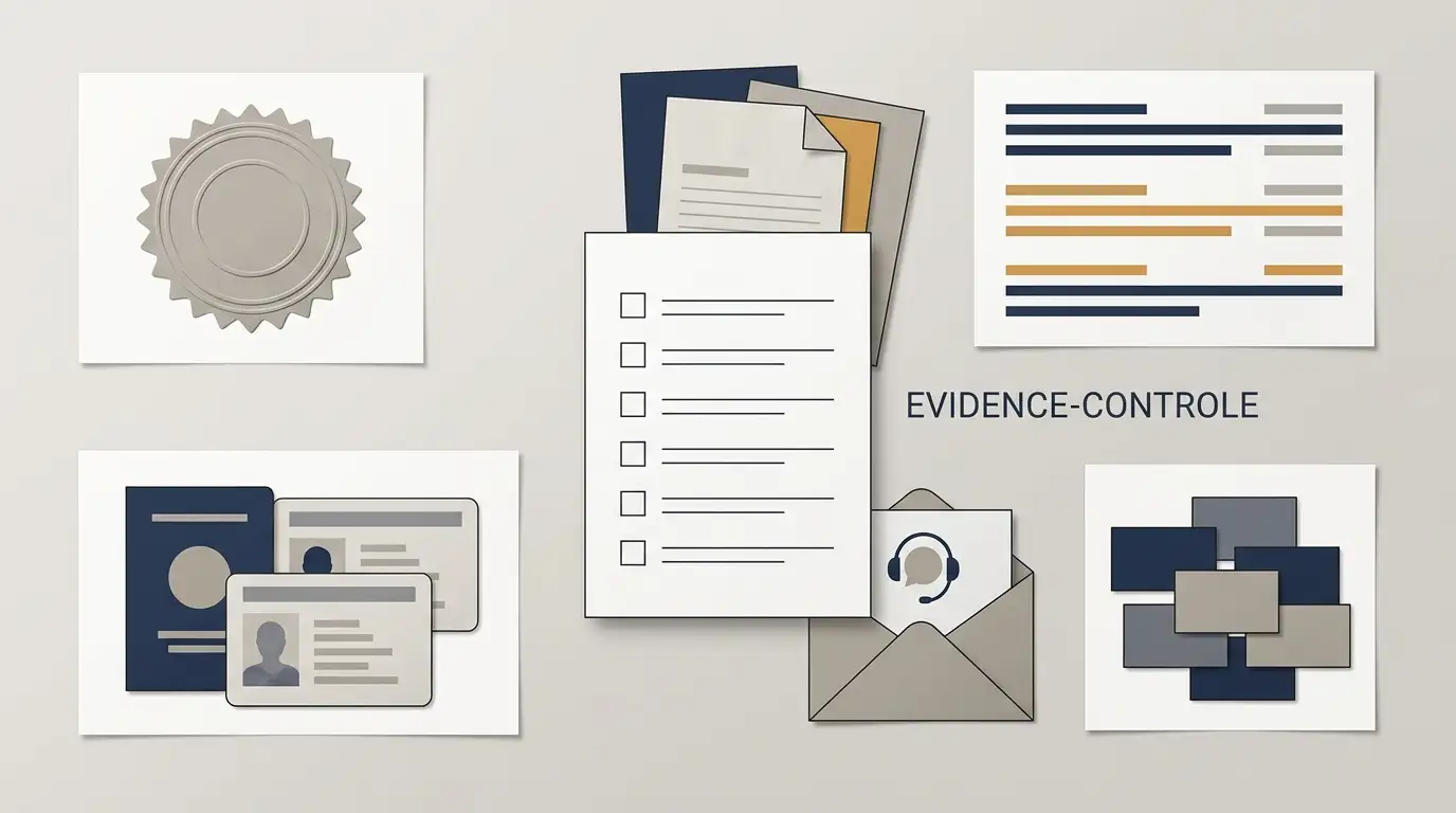 Neutrale evidence-checklist met de onderdelen vergunning, betalingen, KYC, klachten en support zonder veiligheidsbadge of garantie