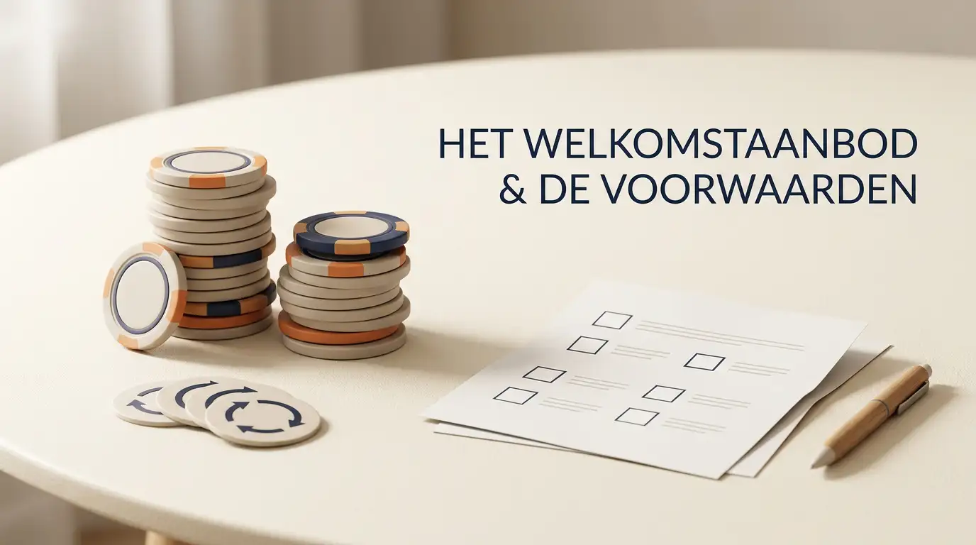 Conceptuele illustratie van twee bonusstappen, free spins en een checklist met voorwaarden zonder merklogo of casinointerface