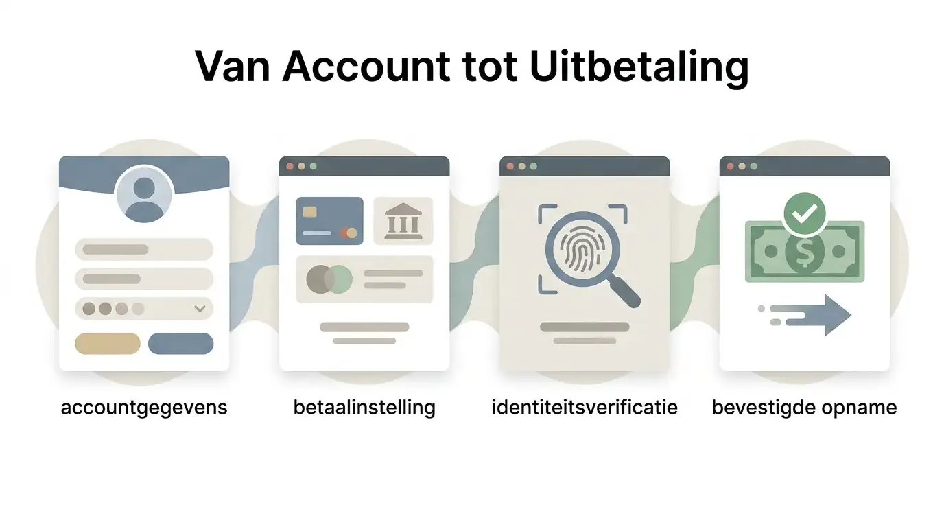 Illustratie van vier stappen van CorgiSlot accountgegevens naar betaling, verificatie en eerste opname