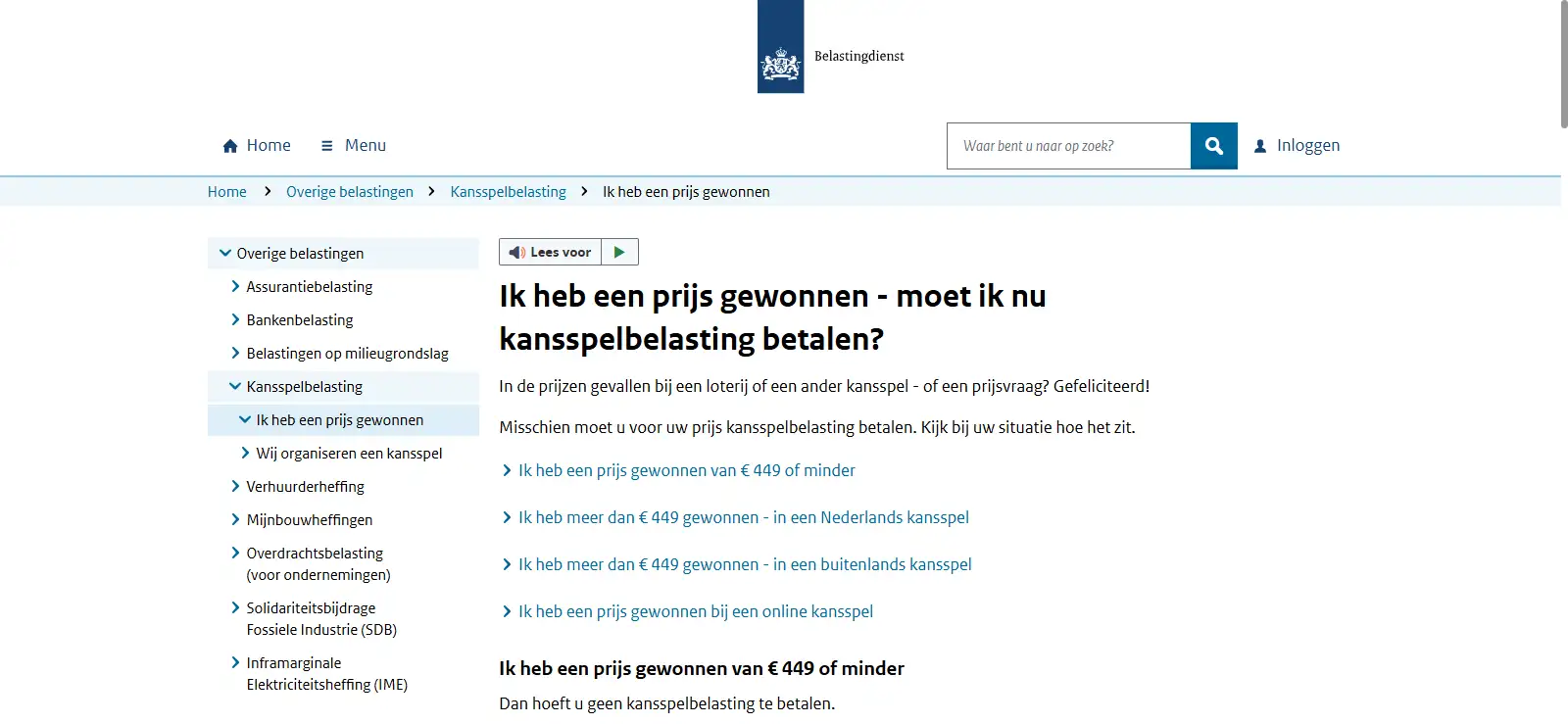 Te maken schermafbeelding van de actuele Belastingdienst-pagina over kansspelbelasting bij online kansspelen zonder Nederlandse vergunning