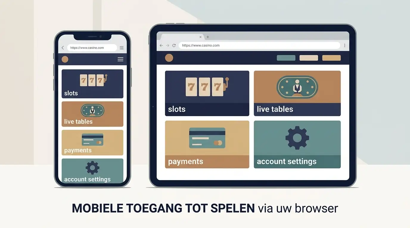 Illustratie van een smartphone en tablet met neutrale casino-categoriekaarten in een responsive browser zonder app-store badges of echte casino-interface