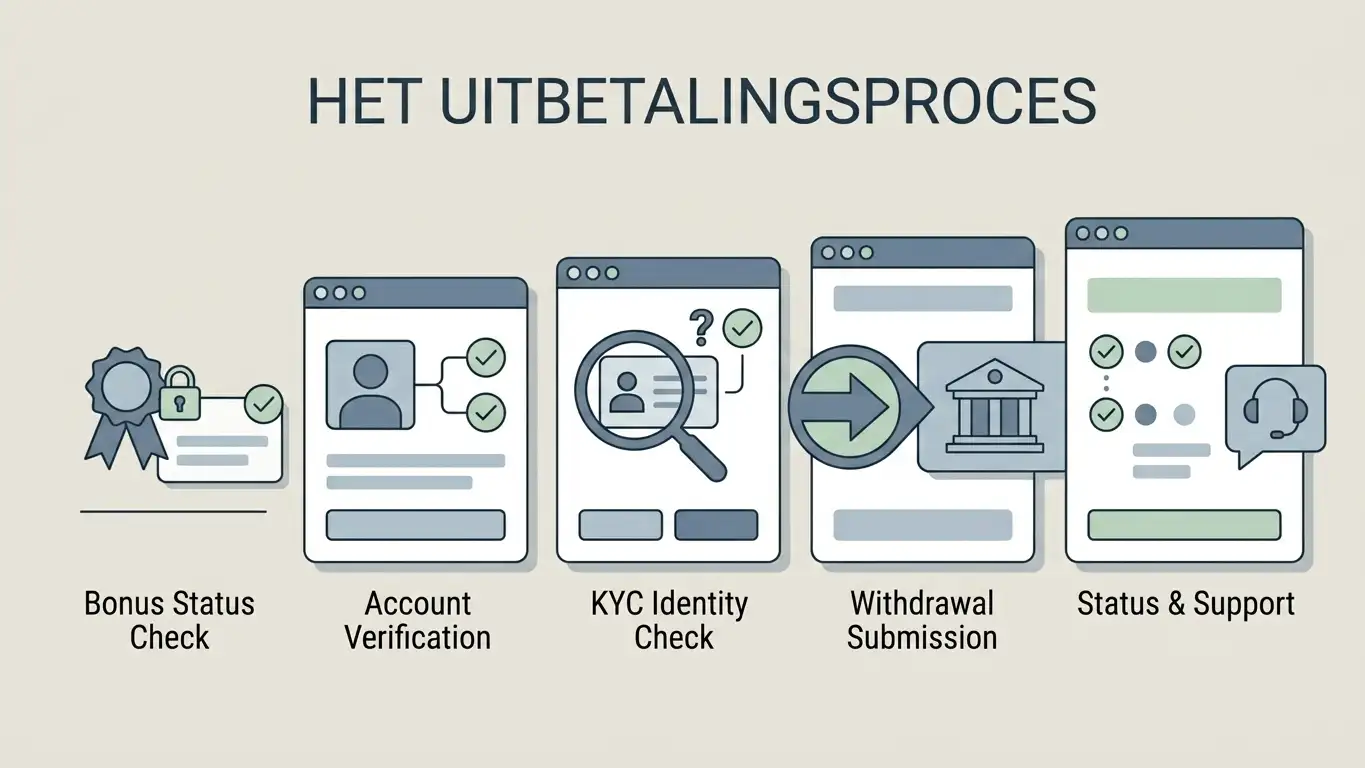 Conceptuele opnameflow van bonusstatus naar accountcontrole, KYC, opnameverzoek en support zonder bedragen of tijdclaims