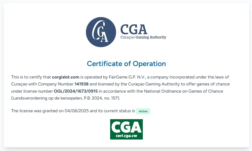 Te maken schermafbeelding van het actuele Curaçao Gaming Authority certificaat voor corgislot.com met operator, licentienummer en actieve status zichtbaar