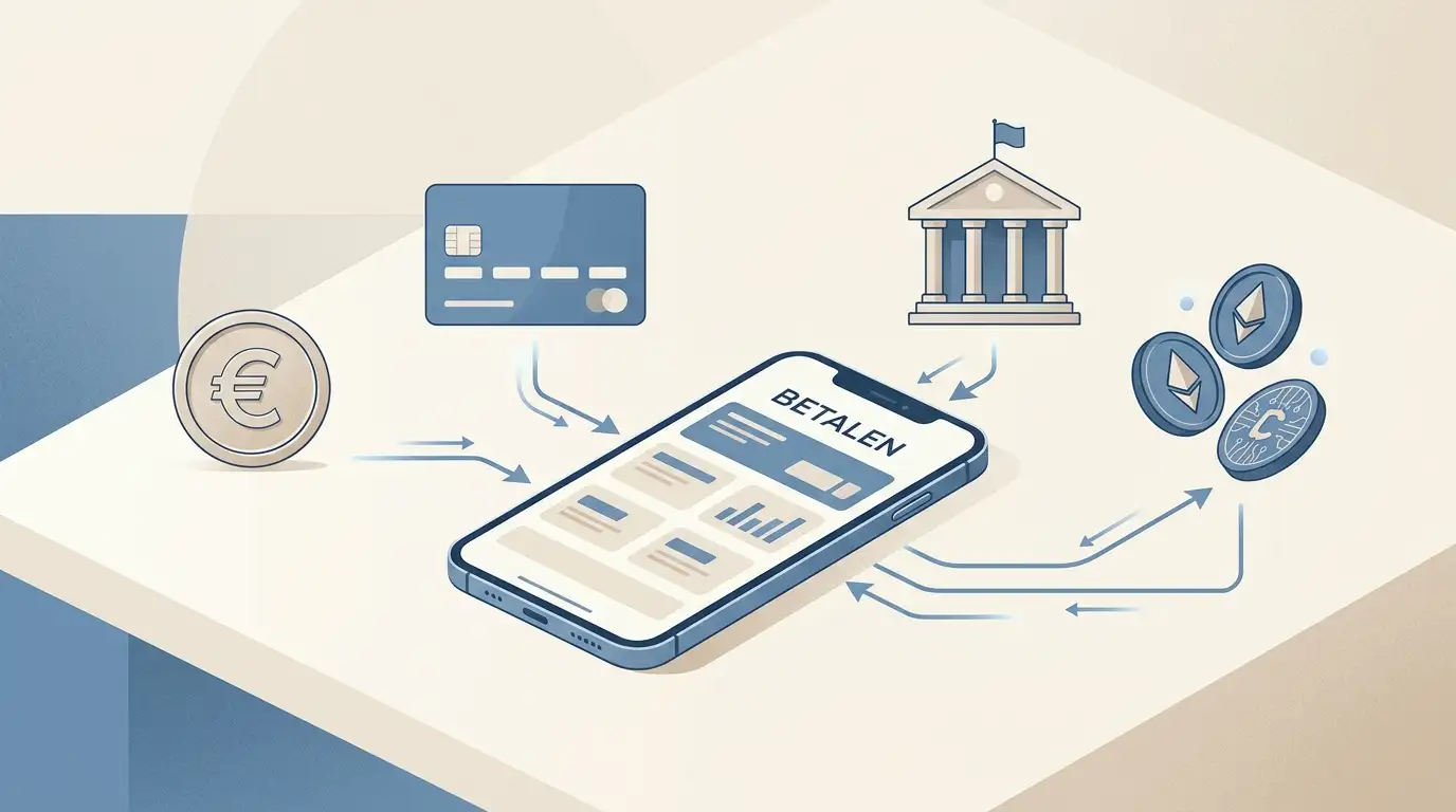 Conceptuele illustratie van een Nederlandse bankbetaling, eurorekening, betaalkaart, banktransfer en cryptovaluta zonder logos of casinointerface