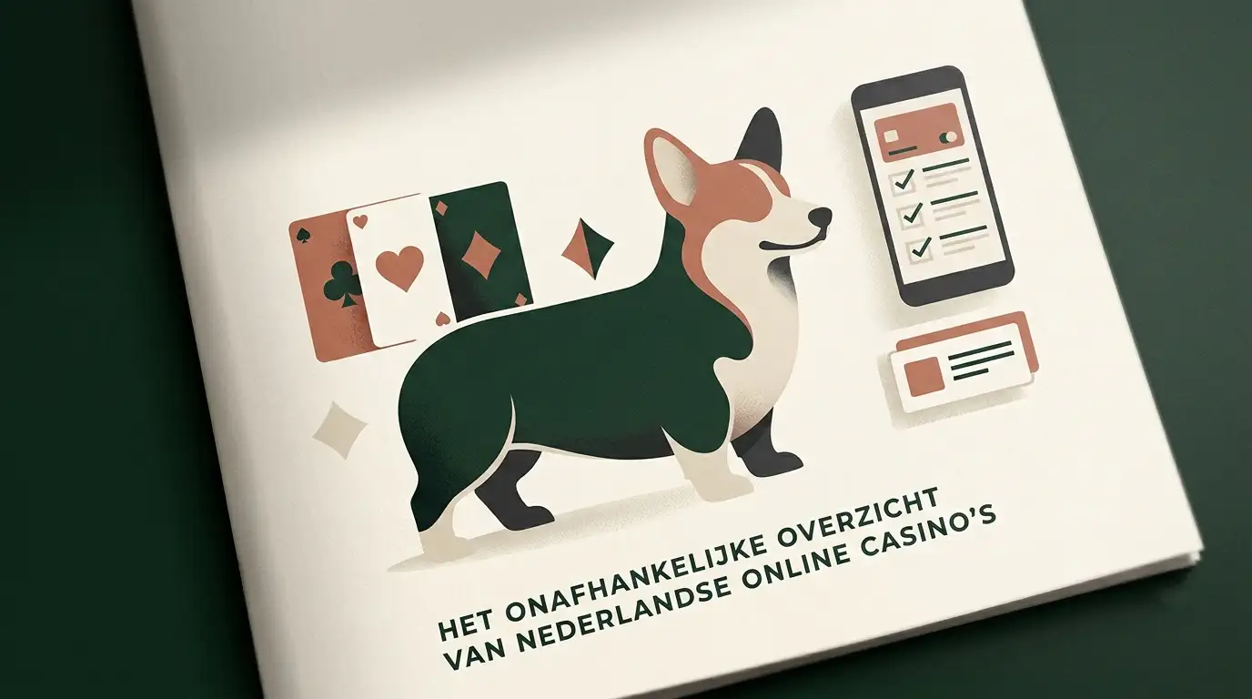 Conceptuele illustratie van een corgi-silhouet, casinokaarten en Nederlandse betaal- en vergunningsthema's
