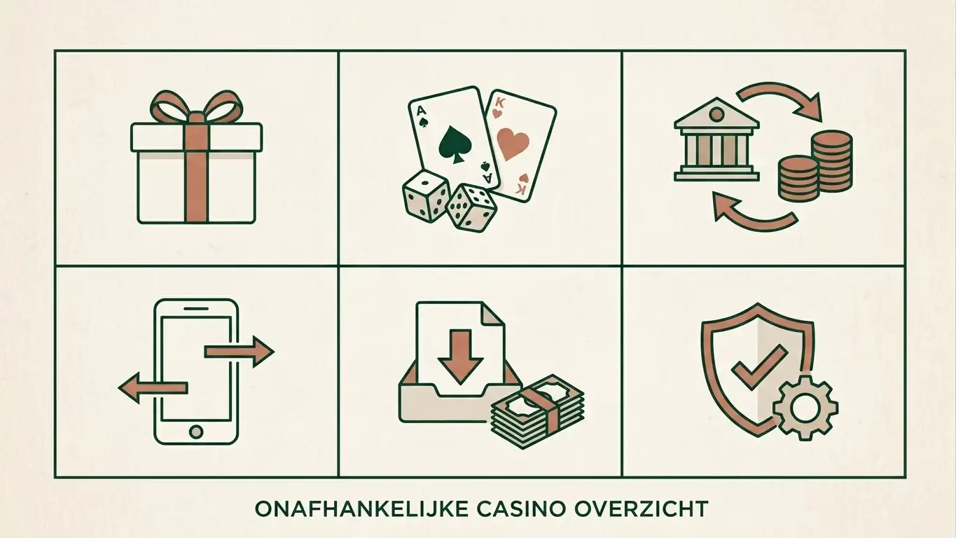 Conceptuele beslismatrix voor bonus, spellen, iDEAL, mobiel, uitbetalen en betrouwbaarheid